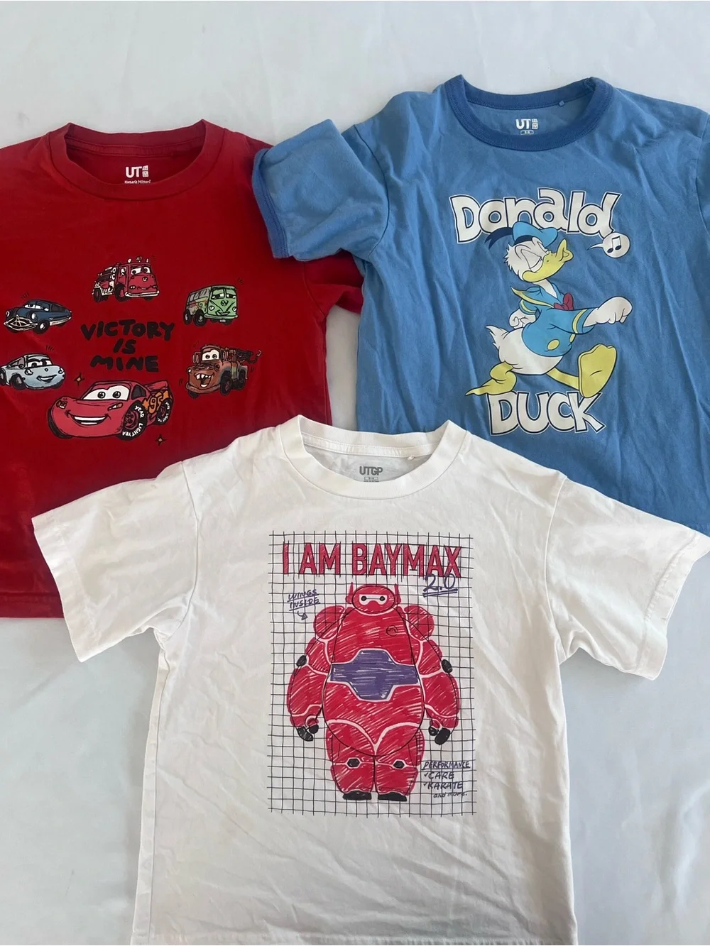 Uniqlo 3-Piece Kids Tee Lot-Bundle — Cars, Baymax, Donald Duck